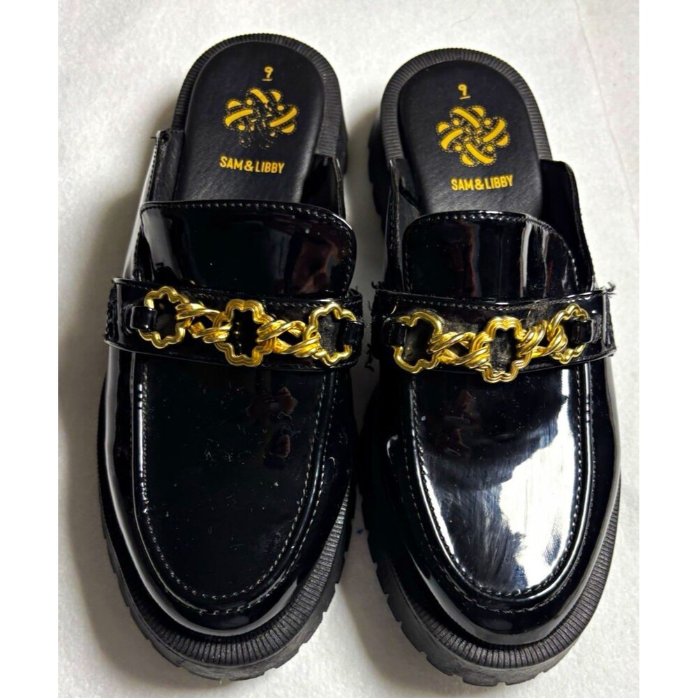 Sam & Libby Women’s Size 9 Black Patent Mule Loafers Gold Chain Chunky Lug Sole